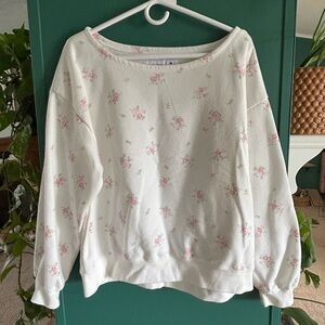 White Floral Crewneck Off Shoulder Sweatshirt with Pink Rose Print